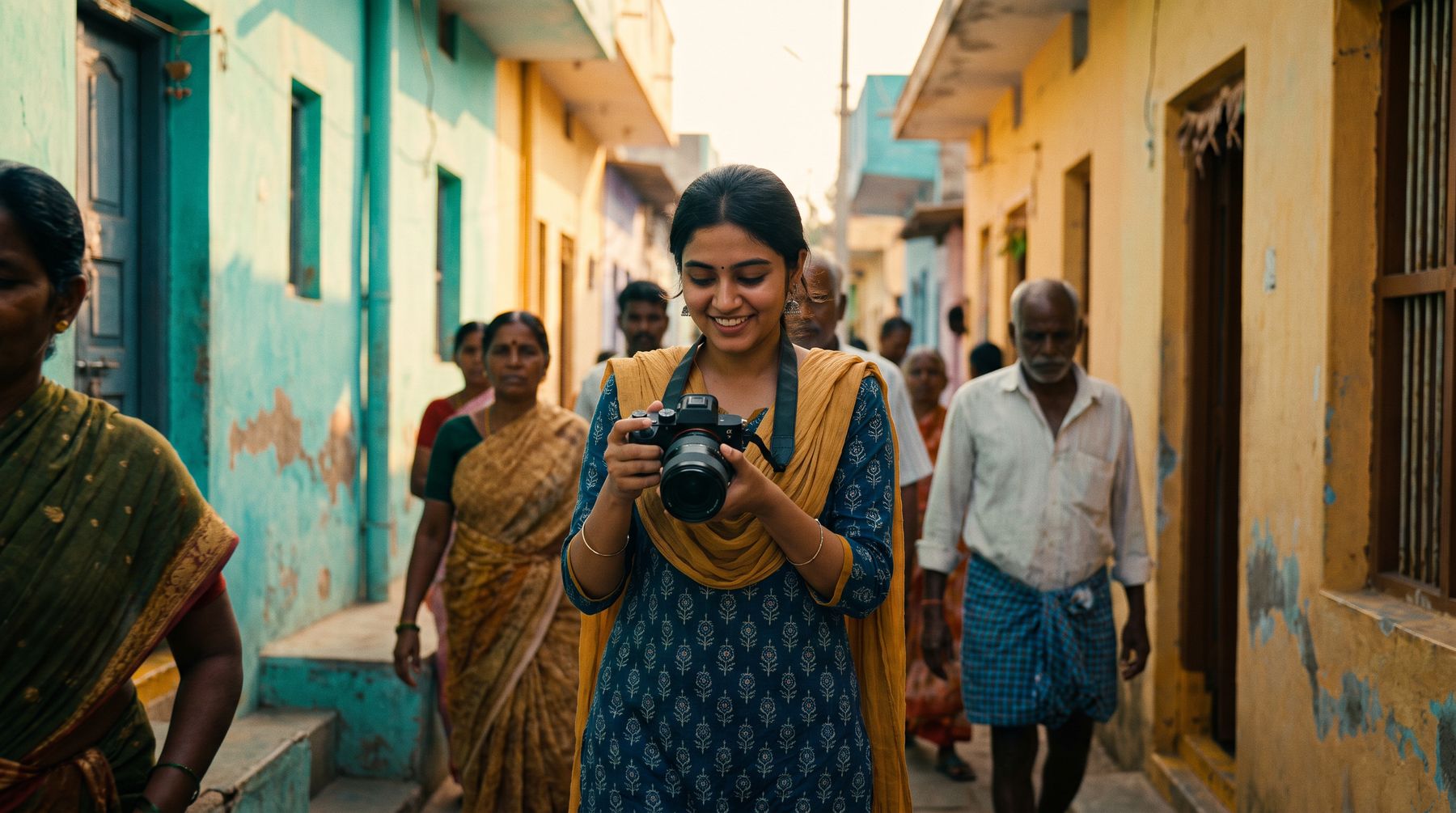 A young woman filmmaker checking a shot on her camera in a village lane